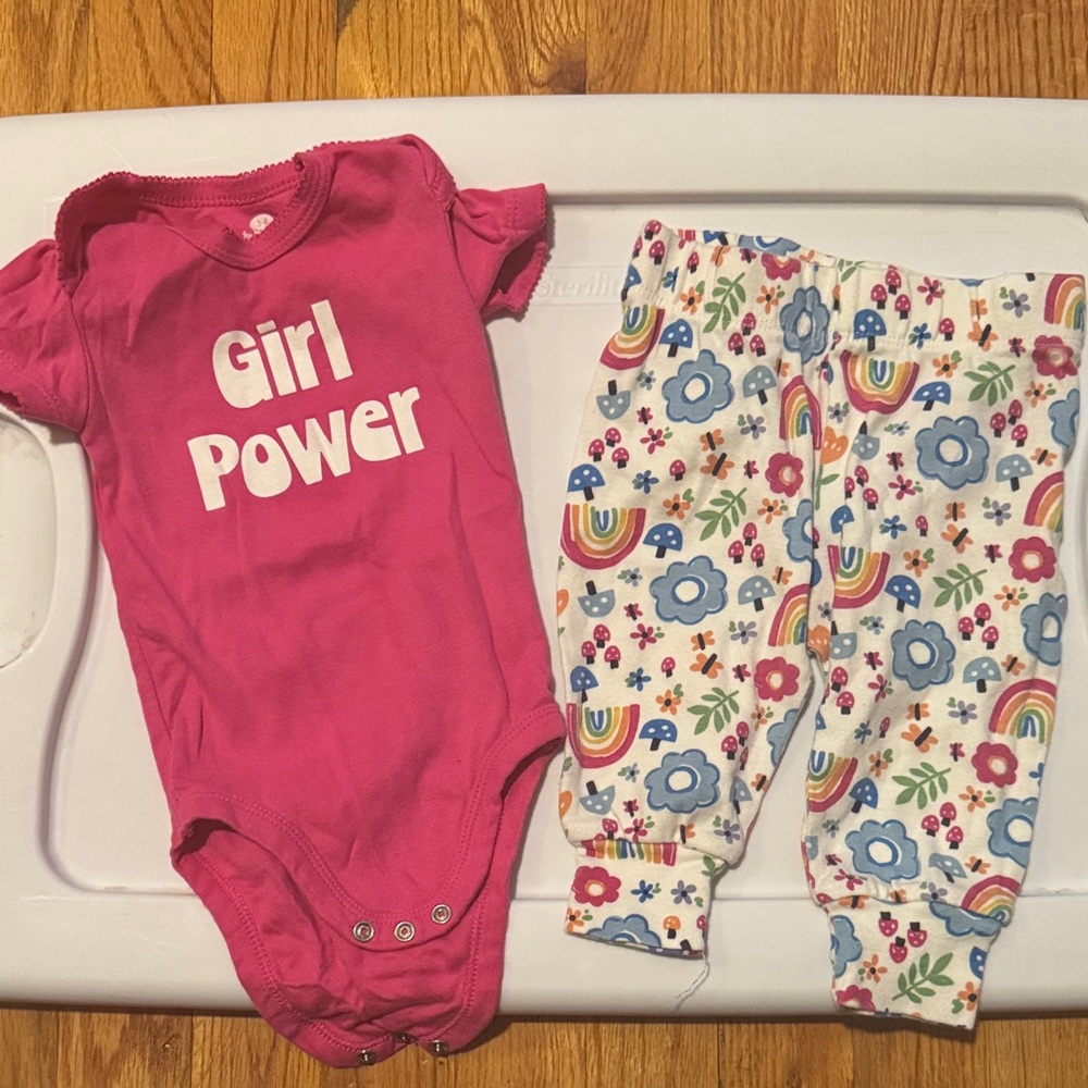Pink 'Girl Power' Onesie and Floral Pants Set